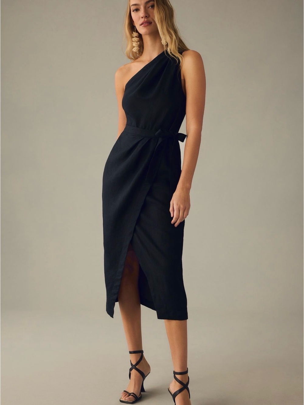 Anthropologie One-Shoulder Black Wrap Midi Dress